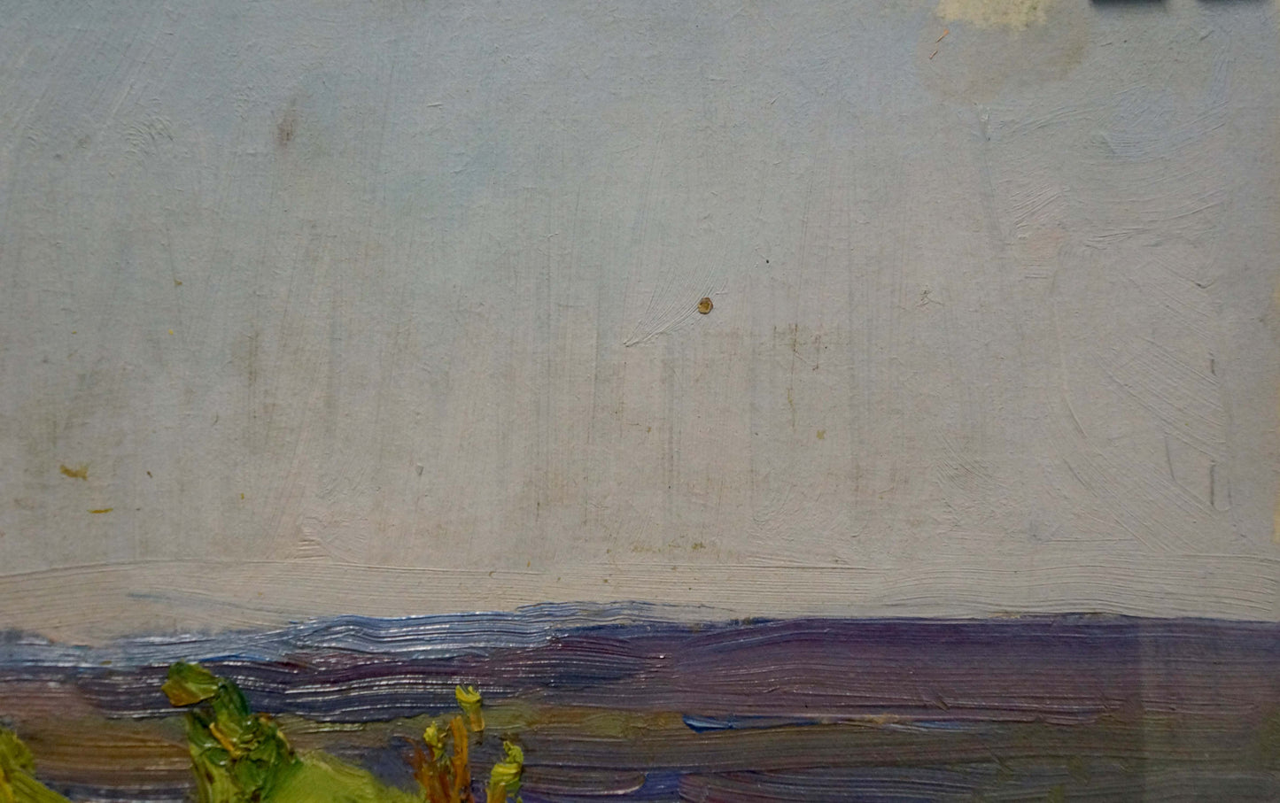 Oil painting Summer day: pale sky over purple-blue horizon with green foliage