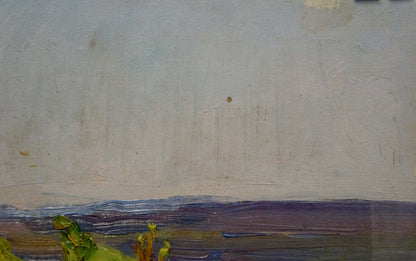 Oil painting Summer day: pale sky over purple-blue horizon with green foliage