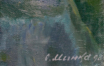 Textured oil painting Flowers on a towel by Mynka Alexander Fedorovich with white signature