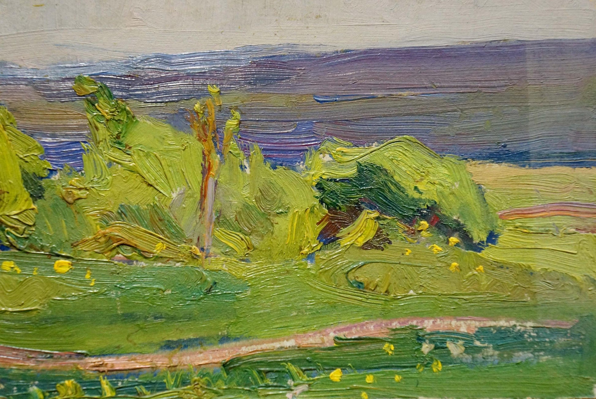 Oil painting Summer day: impressionist landscape with green foliage, yellow flowers, purple-blue sky