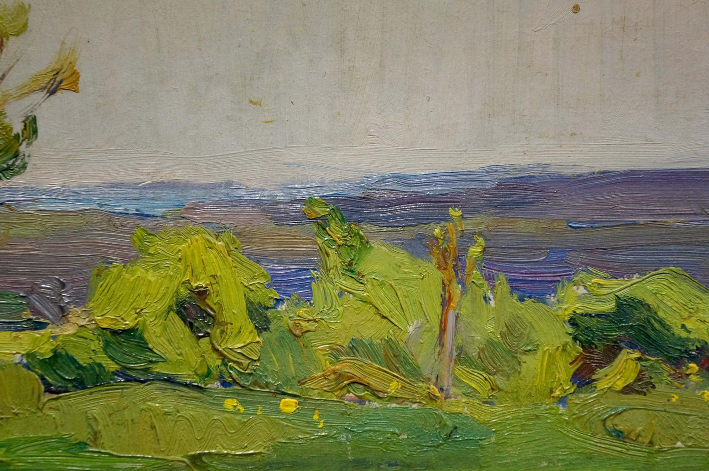 Oil painting Summer day: vibrant green foliage and distant blue hills