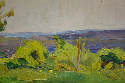 Oil painting Summer day: vibrant green foliage and distant blue hills