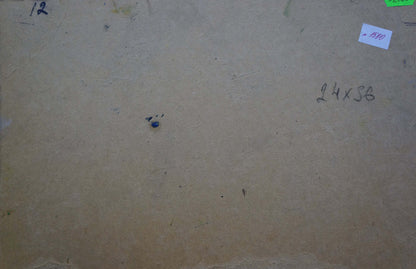 Back of Oil painting Summer day with beige cardboard, handwritten markings, blue dot