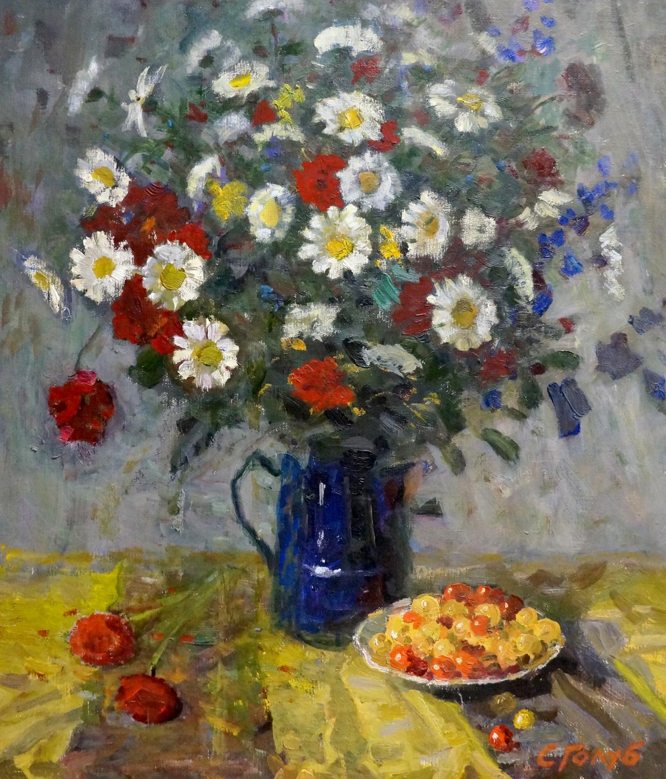 Oil painting of daisies, poppies, blue flowers by Golub Stepan Filippovich