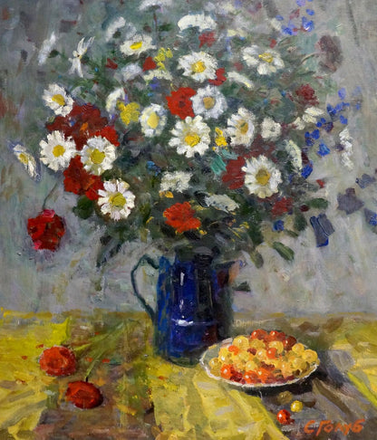 Oil painting of daisies, poppies, blue flowers by Golub Stepan Filippovich