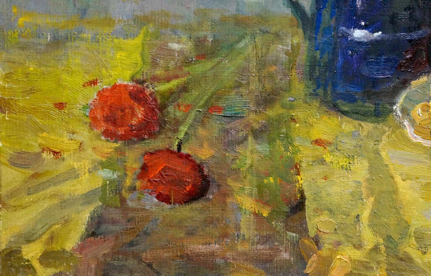 Oil painting by Golub Stepan Filippovich: two red roses on yellow green surface