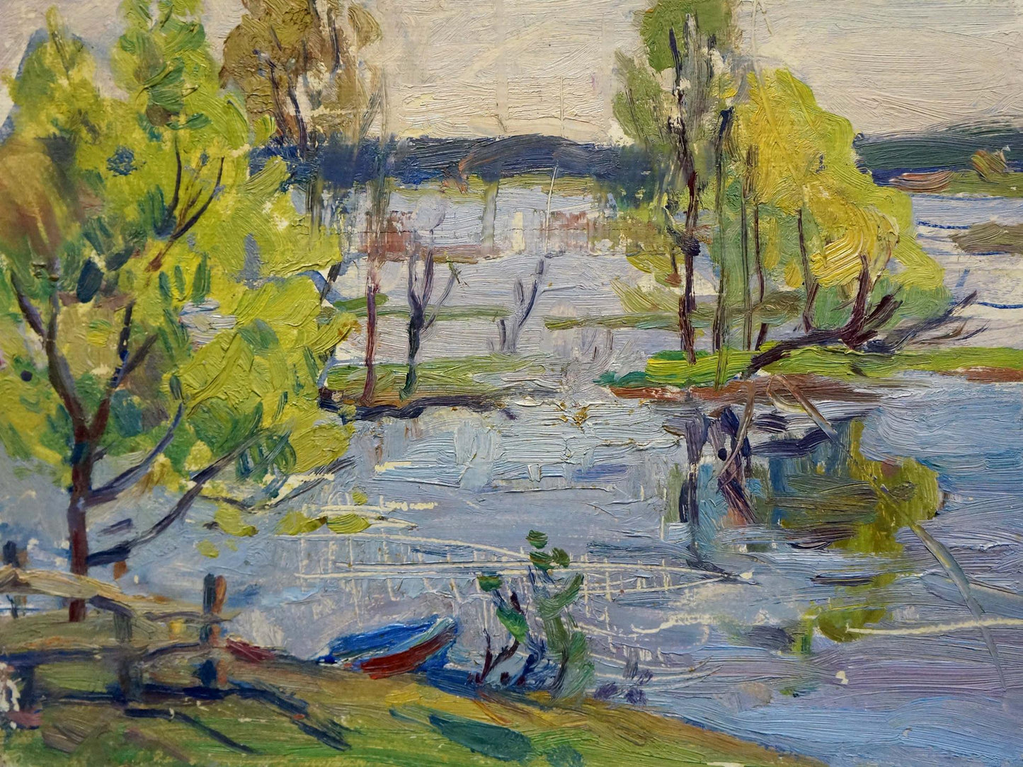 Oil painting The river rose: vibrant impressionist river with trees, boats