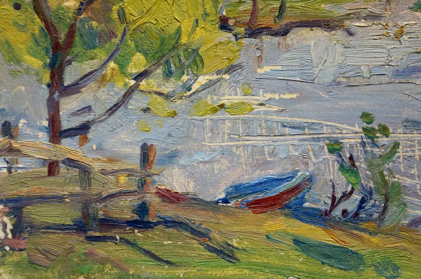 Oil painting The river rose: vibrant impressionist blue red boat on grassy shore