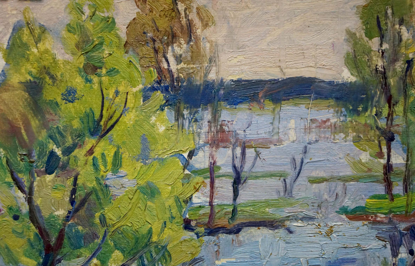 Vibrant impressionist oil painting The River Rose with green trees and blue waterway