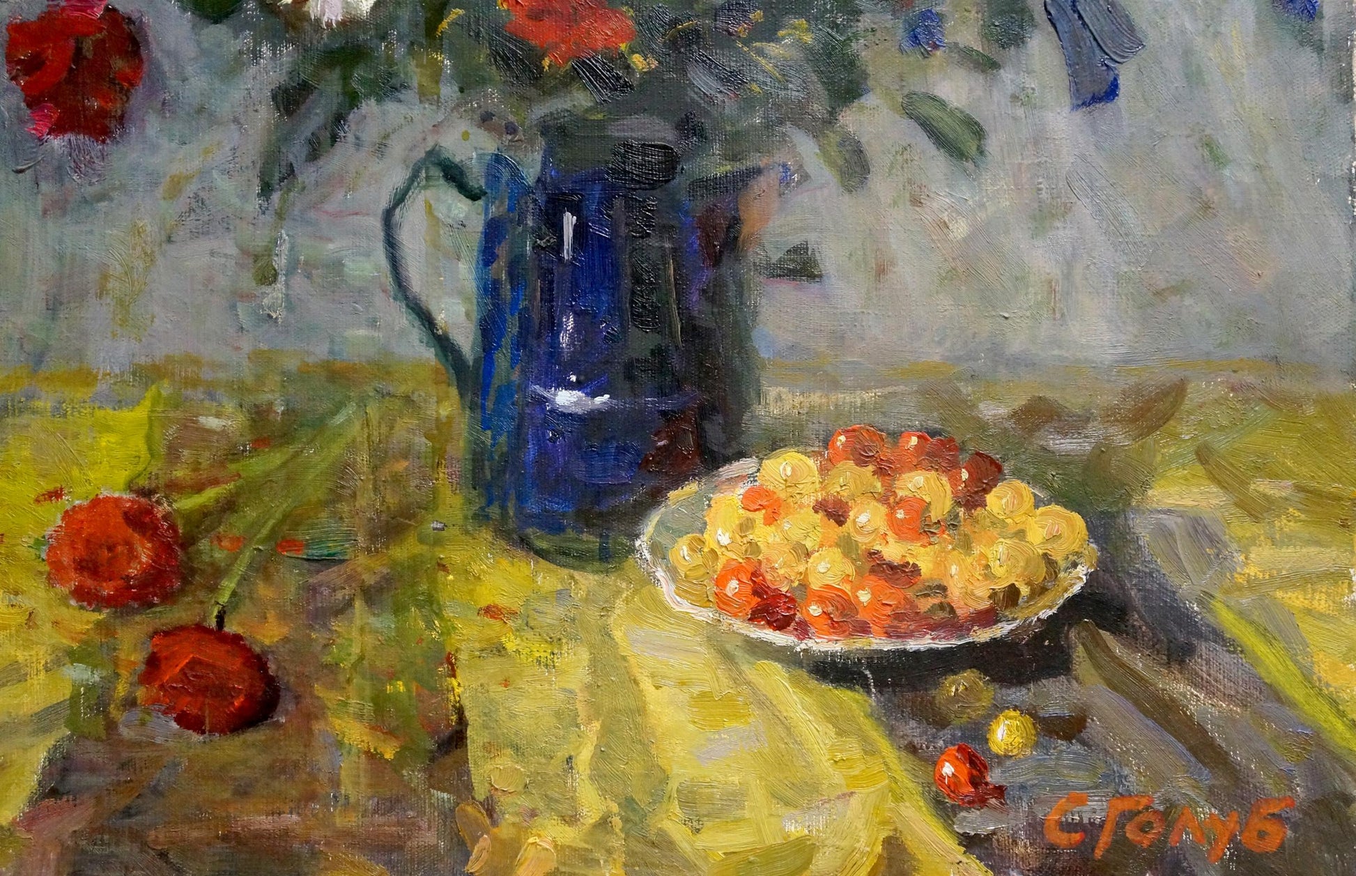 Deep blue ceramic pitcher on yellow surface in Golub Stepan Filippovich oil painting