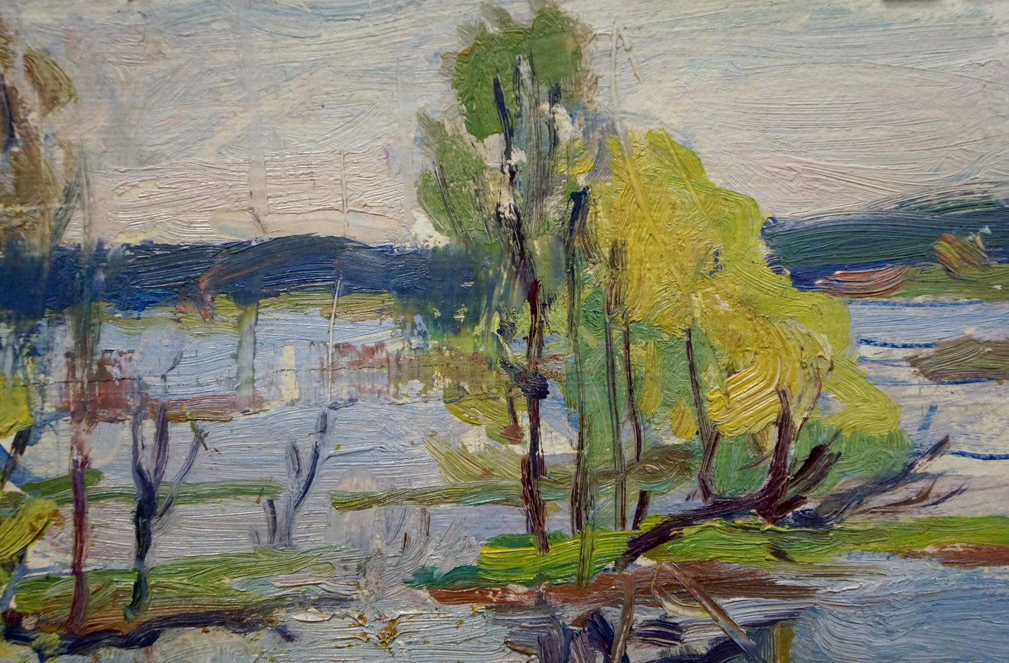 Oil painting The river rose: vibrant yellow tree in muted blue-gray landscape
