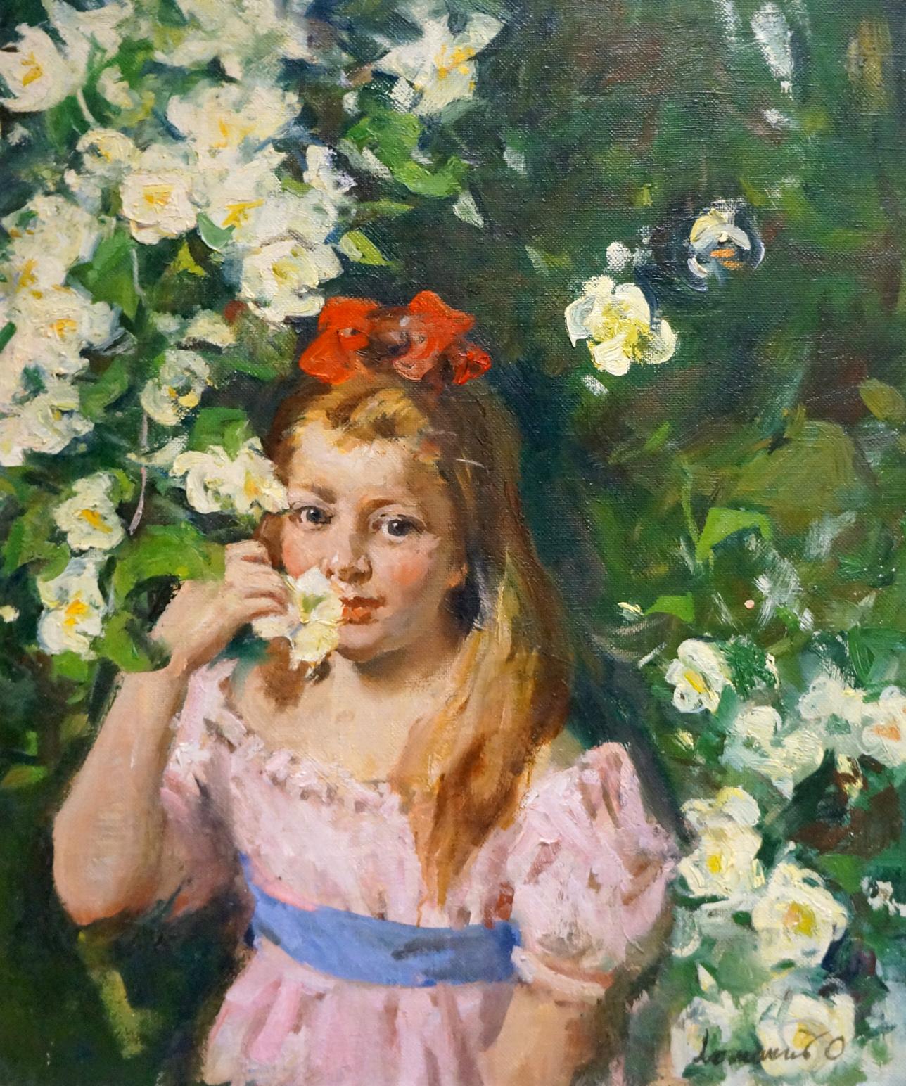 Oil painting portrait of girl in pink dress by Lomakin Mikhail Olegovich