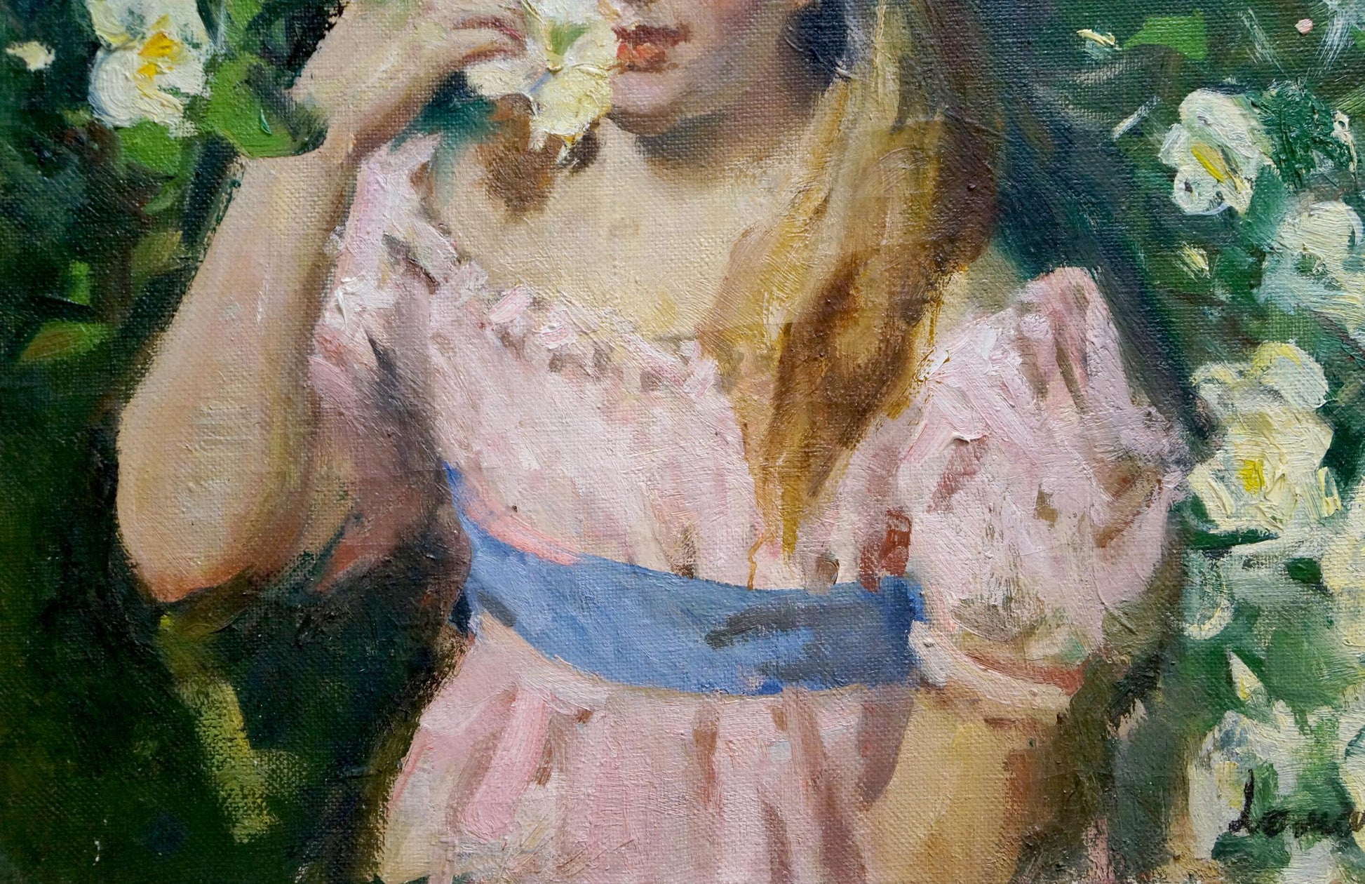 Oil painting portrait of girl in pink off-shoulder ruffled dress with blue sash by Lomakin Mikhail Olegovich