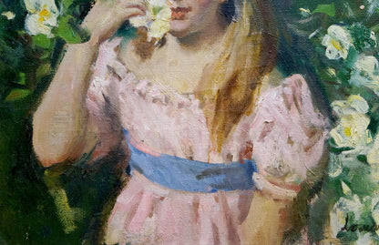 Oil painting portrait of girl in pink off-shoulder ruffled dress with blue sash by Lomakin Mikhail Olegovich