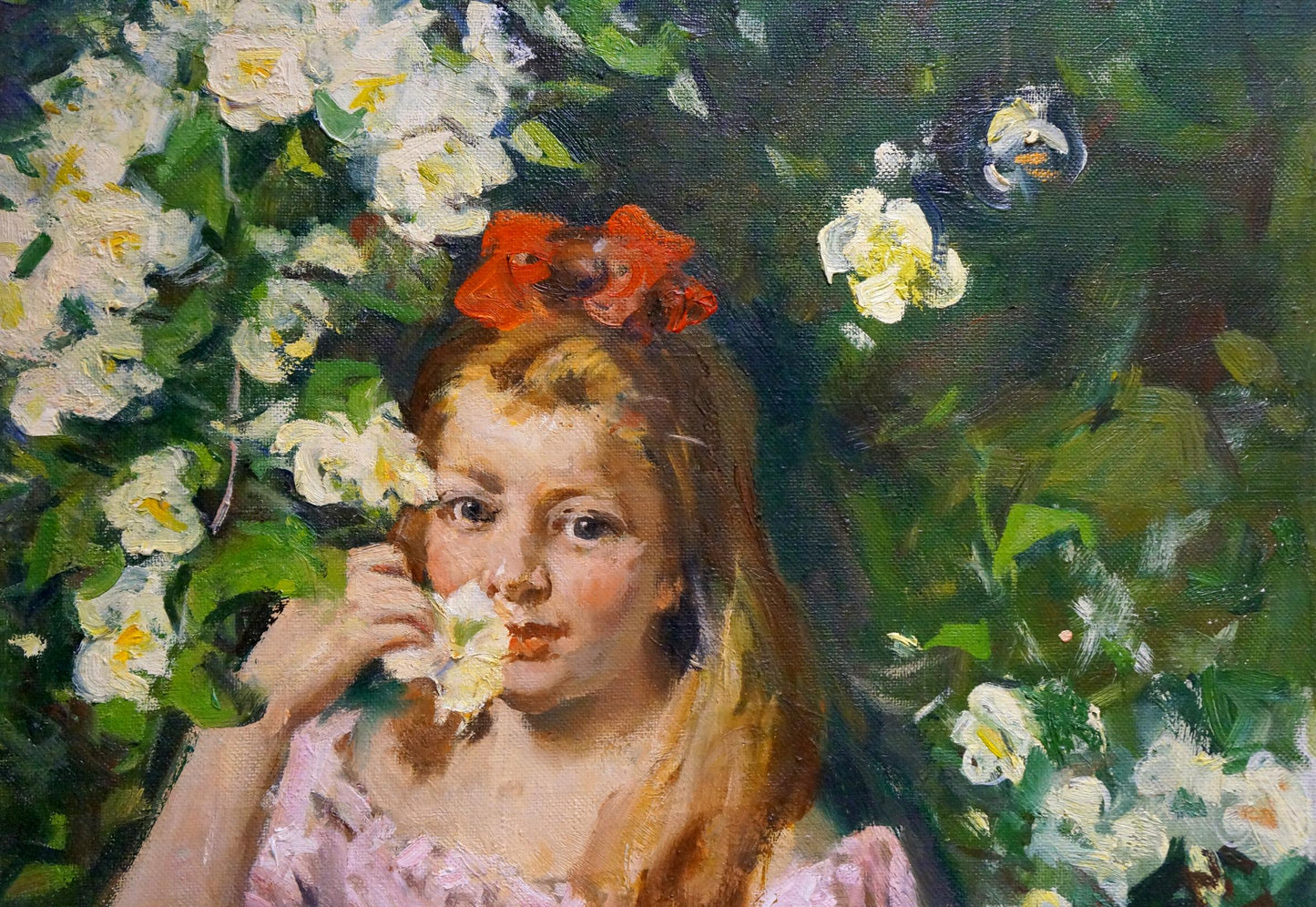 Oil painting portrait of girl with blonde hair and pink dress by Lomakin Mikhail Olegovich