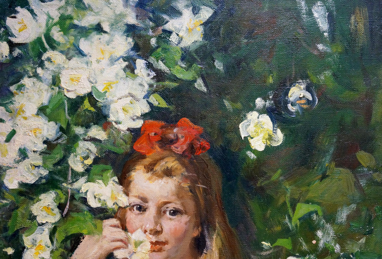 Oil painting portrait of girl with red bow by Lomakin Mikhail Olegovich