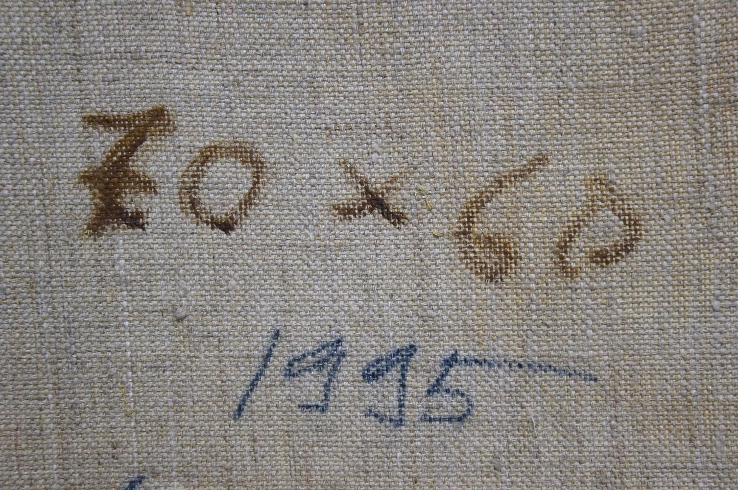 Back of Lomakin Mikhail Olegovich oil painting portrait with brown embroidered textile measurements and date markings