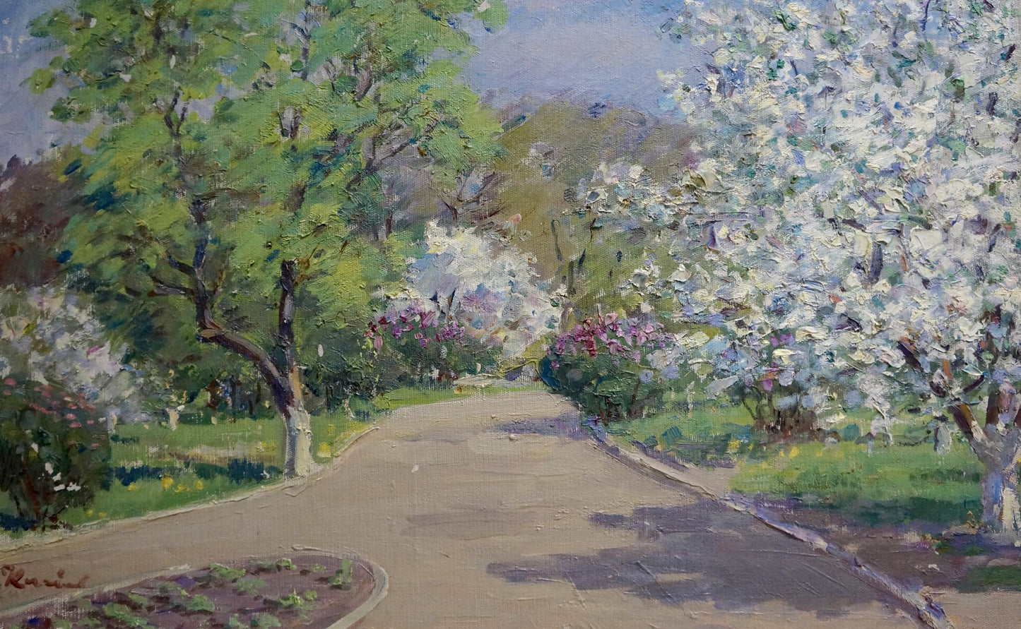 Oil painting Spring has come by Kisil Grigory Alekseevich, serene path with blooming trees