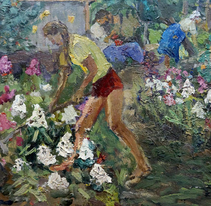 Oil painting by Yagodin Vyacheslav Vladimirovich: woman tending white flowers