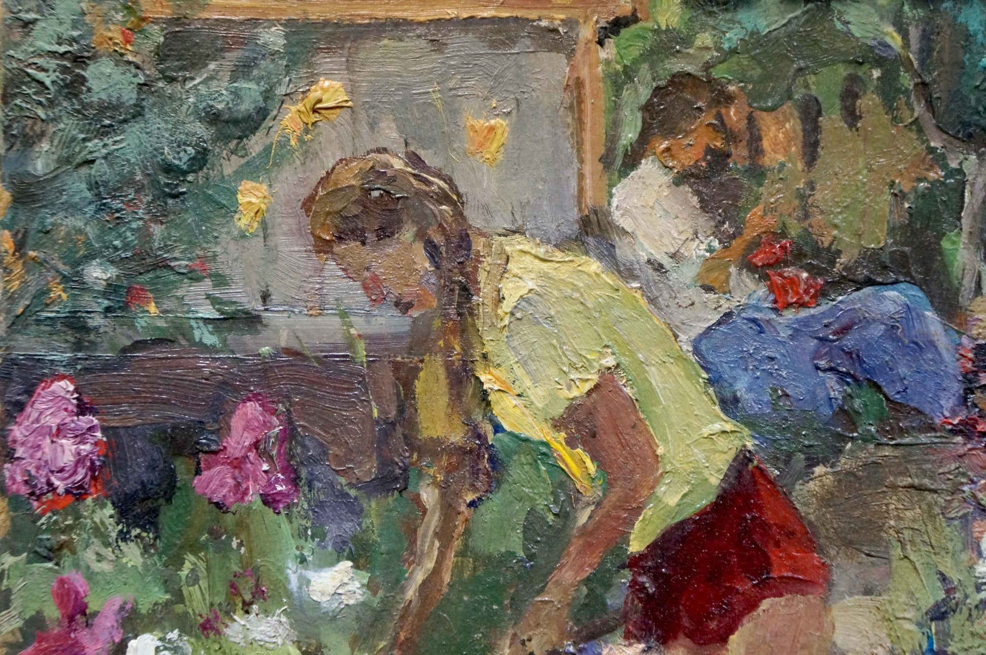 Oil painting by Yagodin Vyacheslav Vladimirovich: woman in yellow top bending amid pink flowers