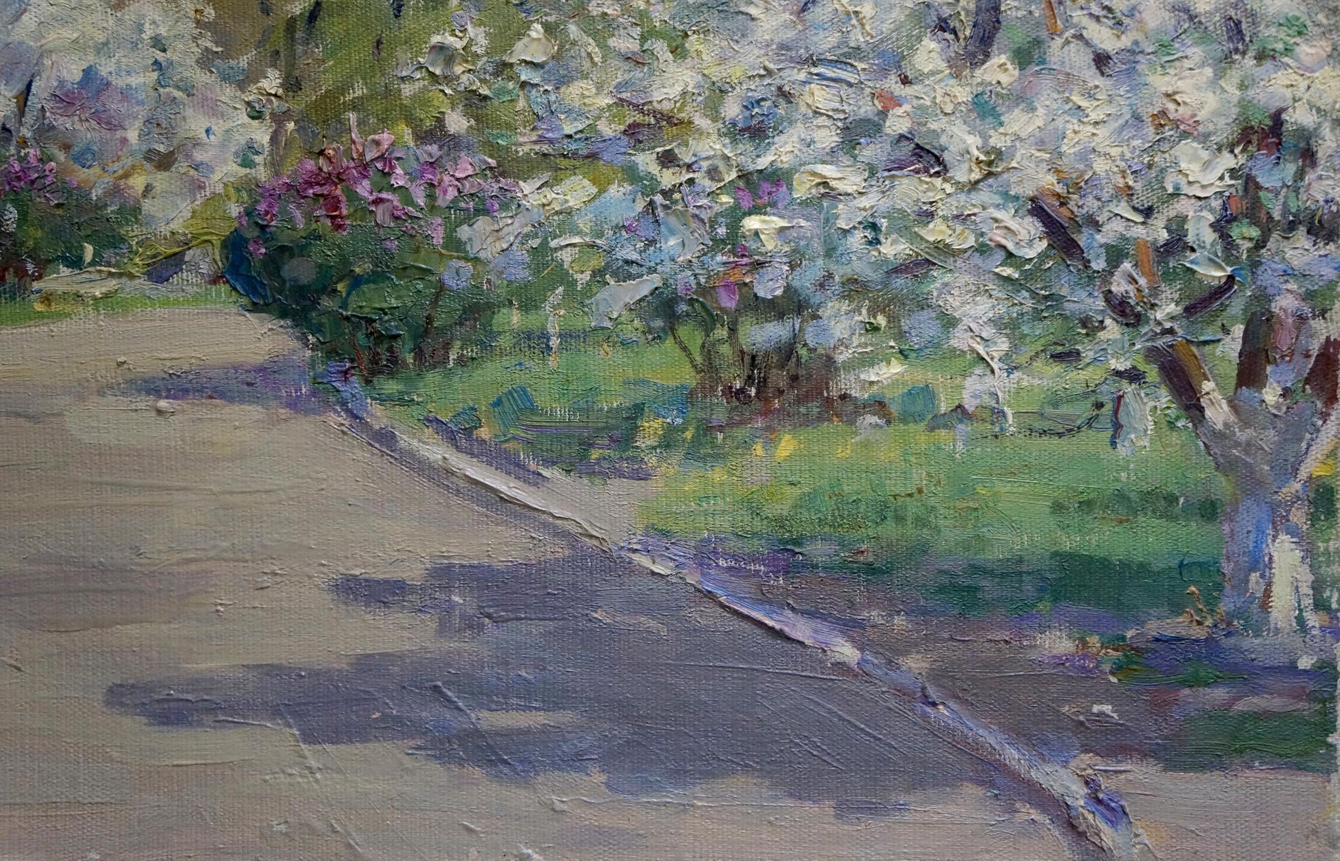 Textured impressionist oil painting by Kisil Grigory Alekseevich of winding path with blooming flowers