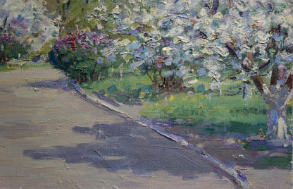 Textured impressionist oil painting by Kisil Grigory Alekseevich of winding path with blooming flowers