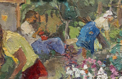Vibrant impressionist oil painting by Yagodin Vyacheslav Vladimirovich of garden figures