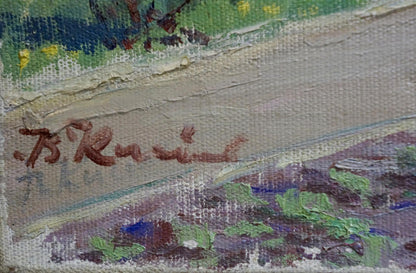 Brown cursive signature on back of Kisil Grigory Alekseevich oil painting