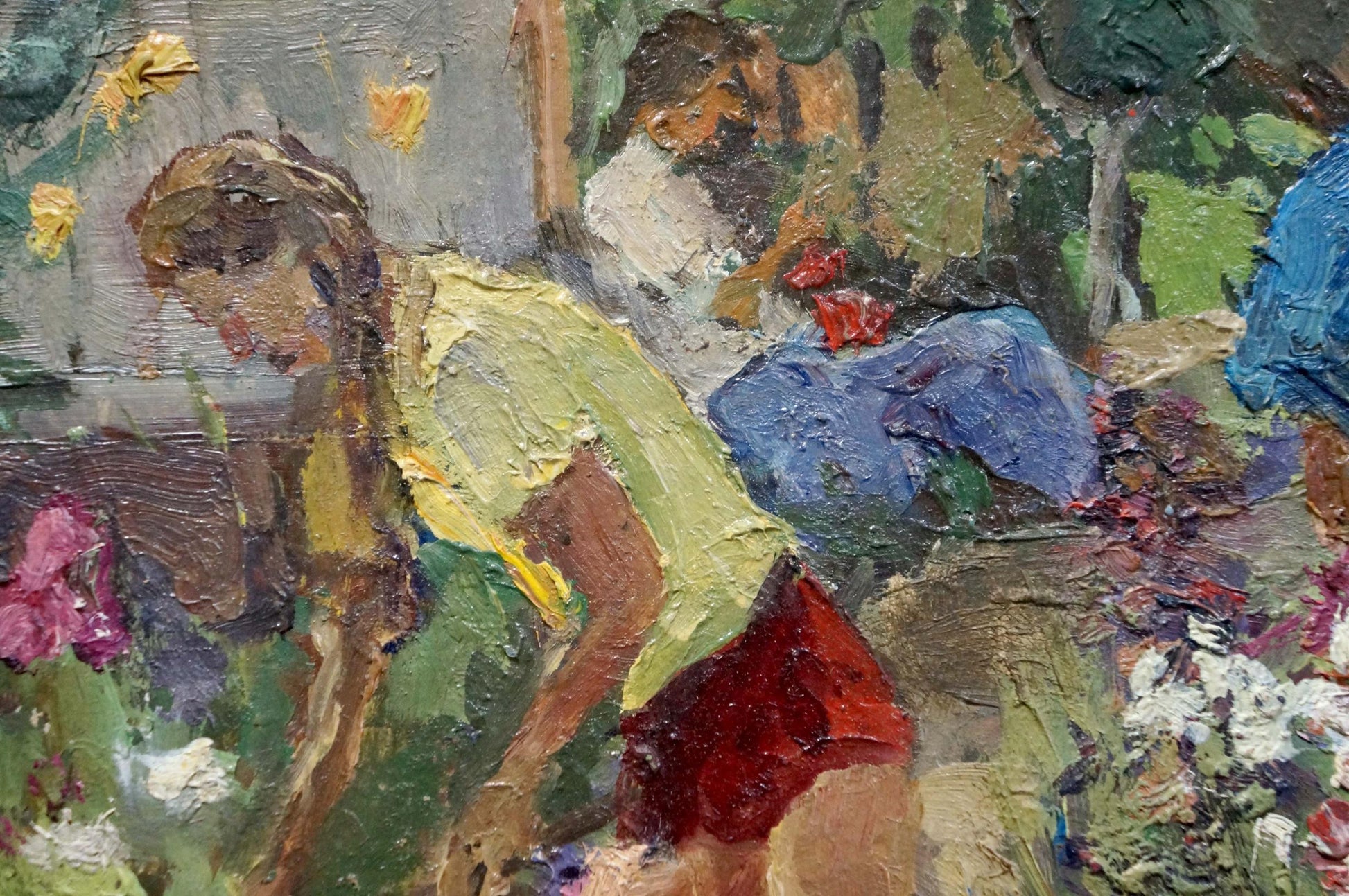 Oil painting by Yagodin Vyacheslav Vladimirovich: woman in yellow top and red shorts bending over in vibrant impressionistic flowers