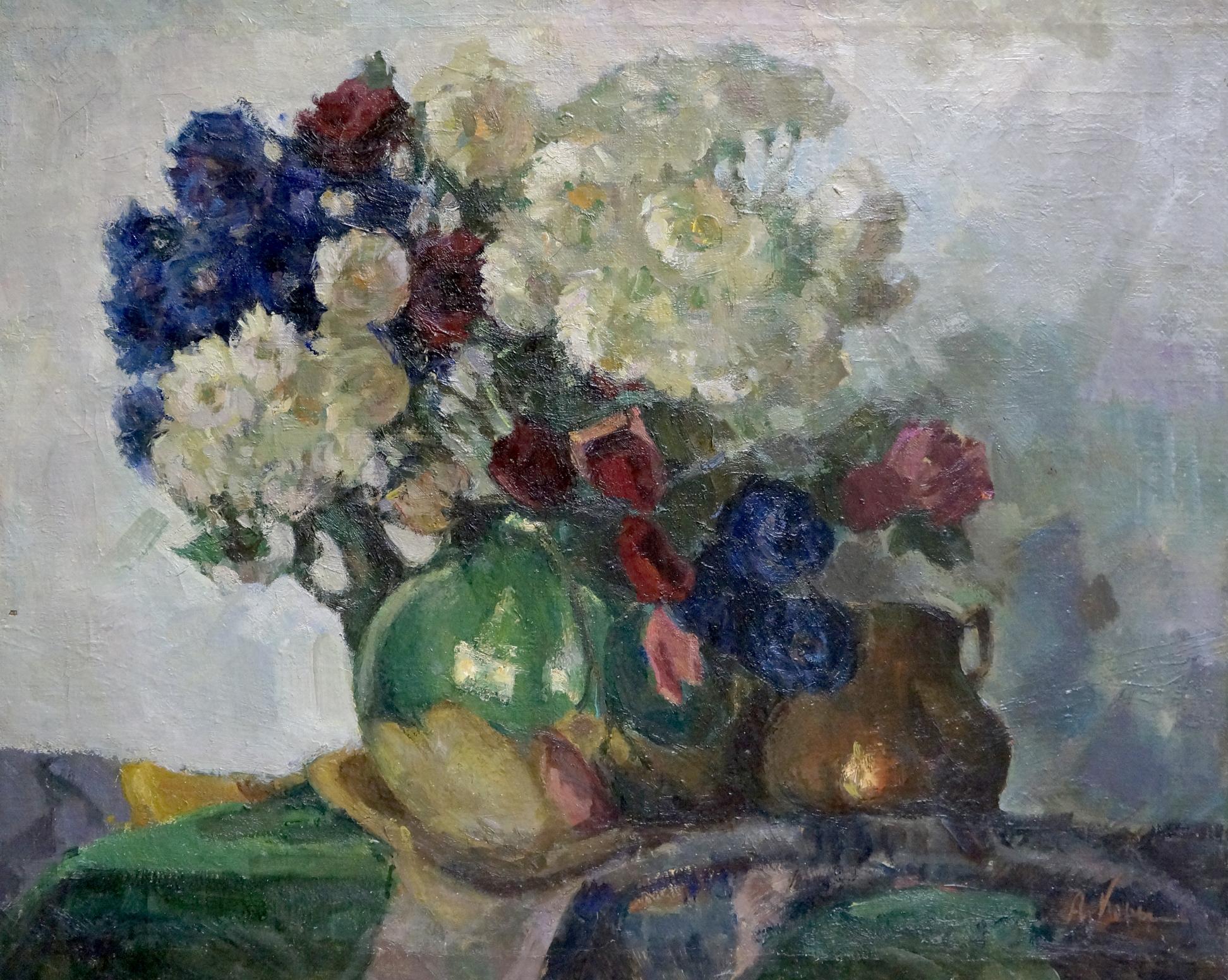 Oil painting Flowers A. Korykhina: vibrant blue, white, red flowers in green vase