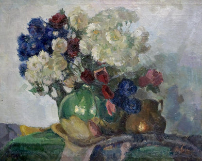 Oil painting Flowers A. Korykhina: vibrant blue, white, red flowers in green vase