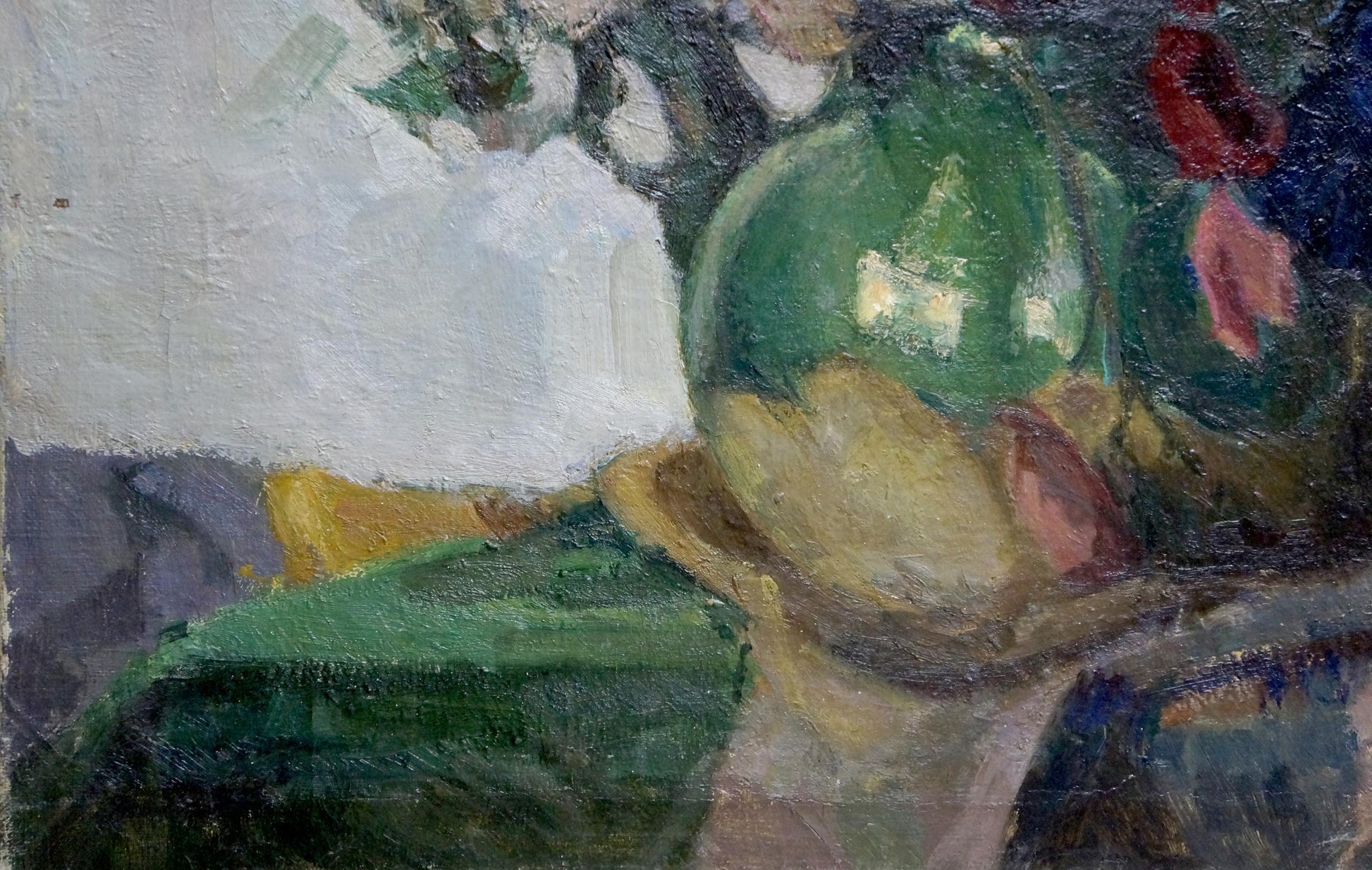 Oil painting Flowers A. Korykhina: textured green glossy ceramic vase with red pink flowers