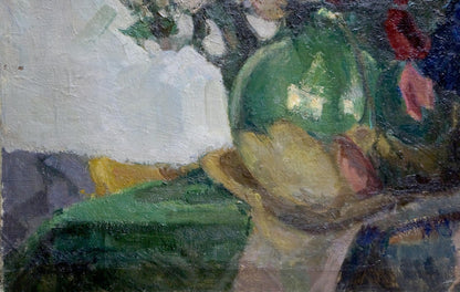Oil painting Flowers A. Korykhina: textured green glossy ceramic vase with red pink flowers