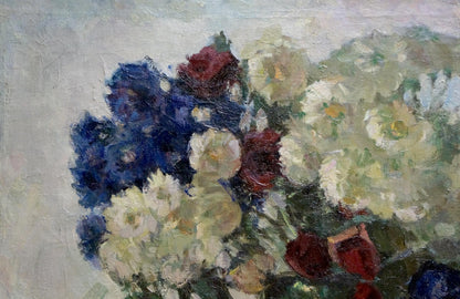 Oil painting Flowers A. Korykhina: impressionistic blue, white, red blooms