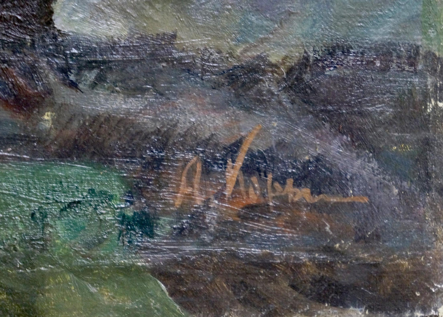 Oil painting Flowers A. Korykhina: orange cursive signature on dark green gray textured canvas