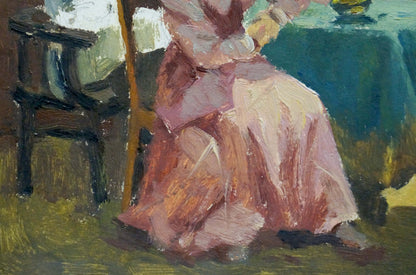 Oil painting of Meeting at Lenin by Yelena Petrovna Samokish-Sudkovskaya, soft pink textured seated figure in elegant gown