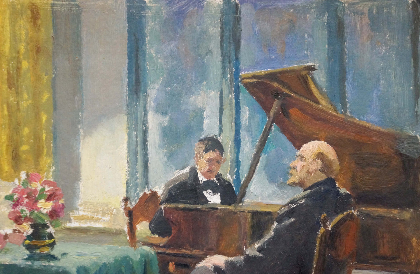 Oil painting of grand piano before blue curtains by Yelena Petrovna Samokish-Sudkovskaya
