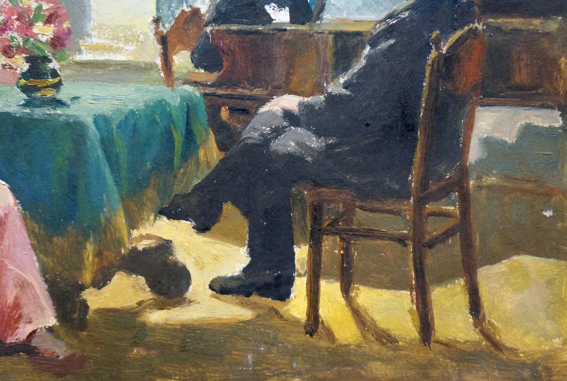 Oil painting of dark-suited man seated in wooden chair by Yelena Petrovna Samokish-Sudkovskaya, Meeting at Lenin