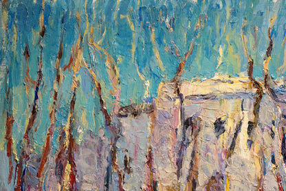 Abstract oil painting The city behind the trees in winter by Sergey Dupliy