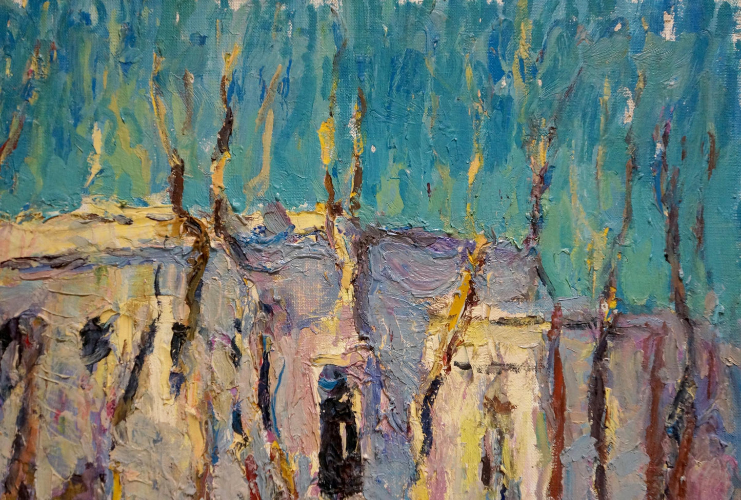 Oil painting The city behind the trees in winter by Sergey Dupliy, teal yellow abstract expressionism