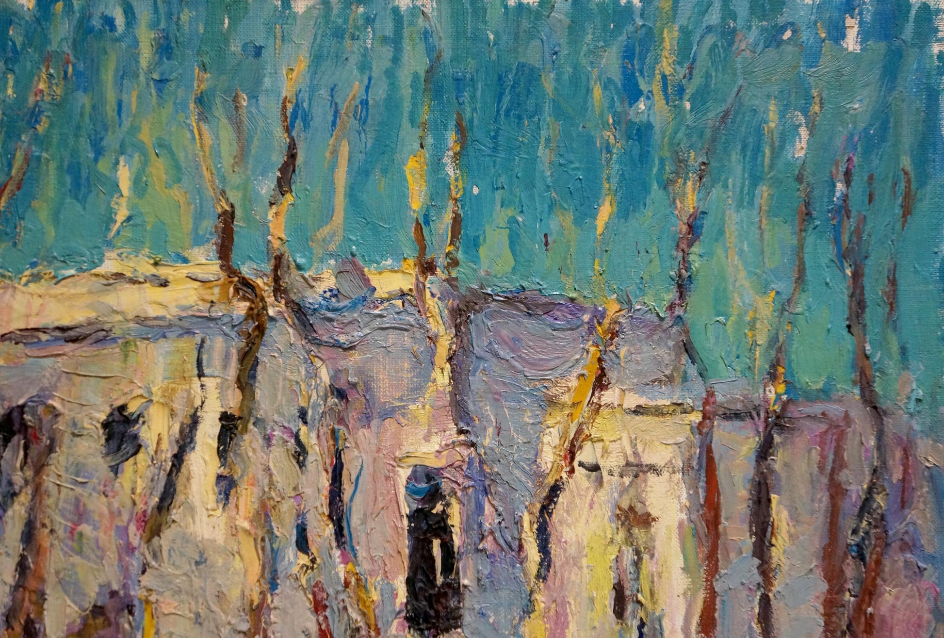 Oil painting The city behind the trees in winter by Sergey Dupliy, teal yellow abstract expressionism