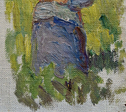 Textured oil painting of Tsvetkova Valentina Petrovna grandmother portrait in blue gray tones with green foliage