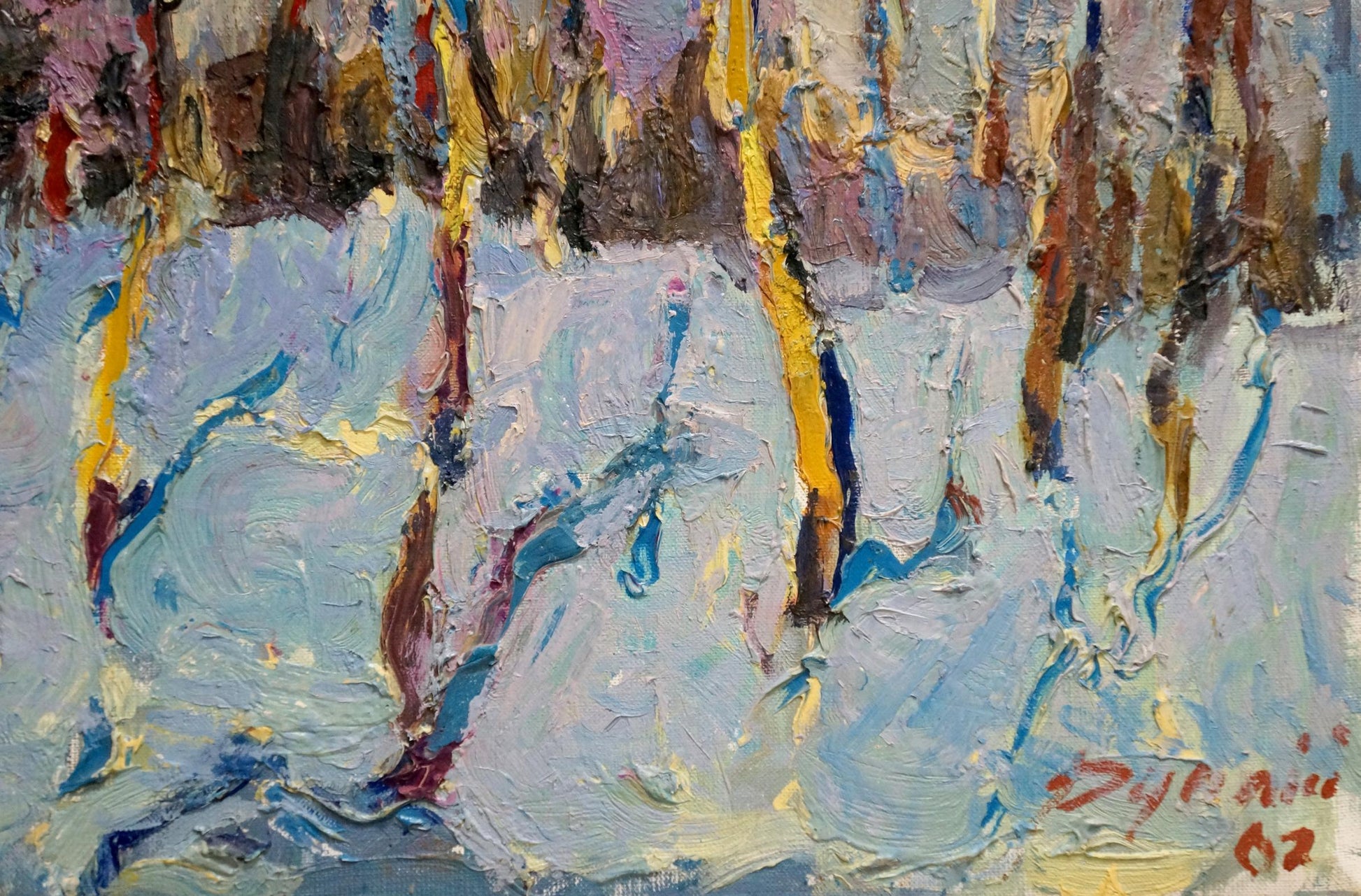 Textured impressionist oil painting of snowy forest with winter city by Sergey Dupliy