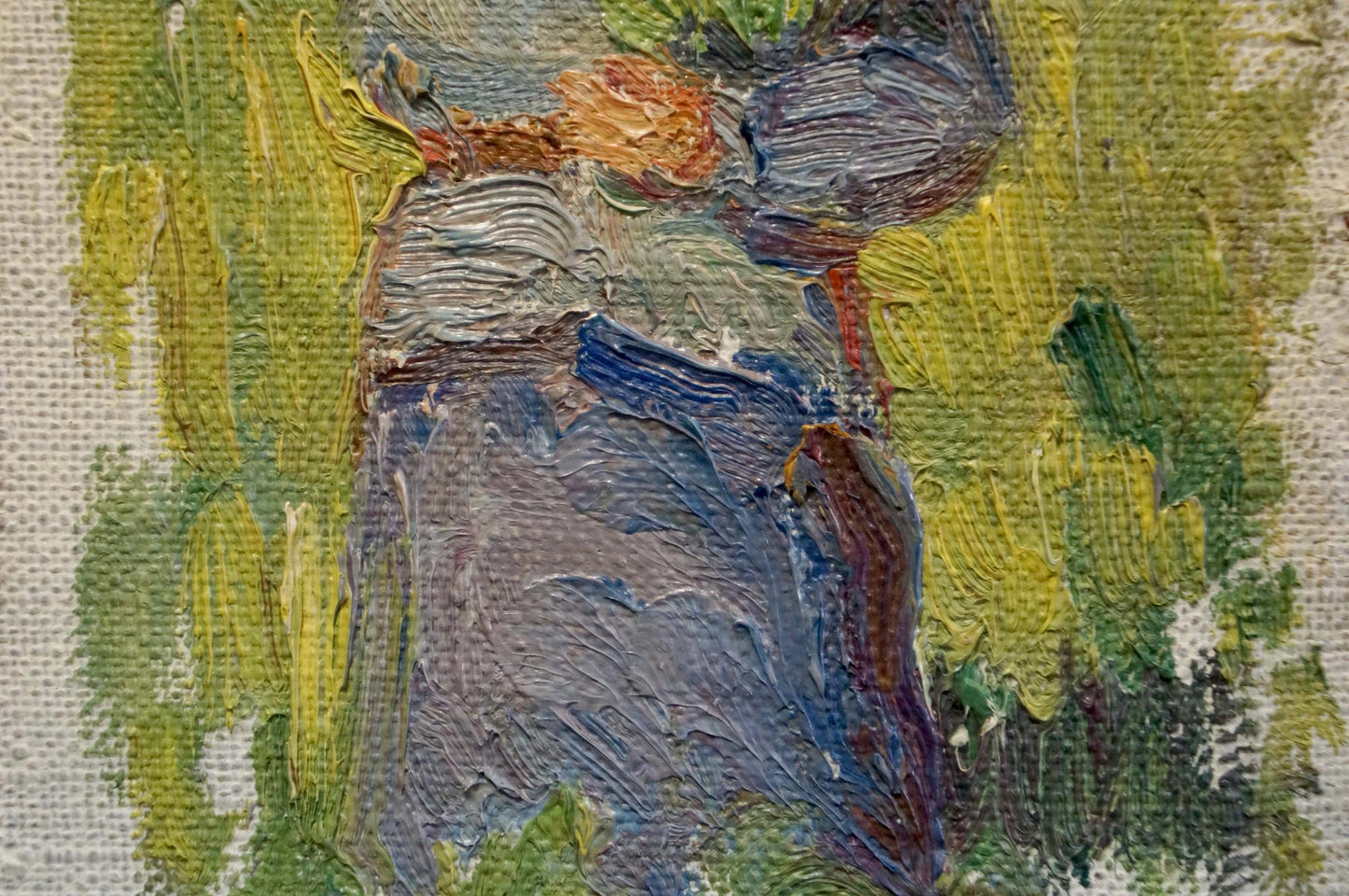 Oil painting of Tsvetkova Valentina Petrovnas grandmother portrait in blues and greens