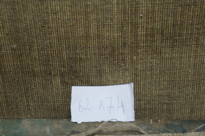 Handwritten label on olive-green fabric back of Sergey Dupliy winter city oil painting