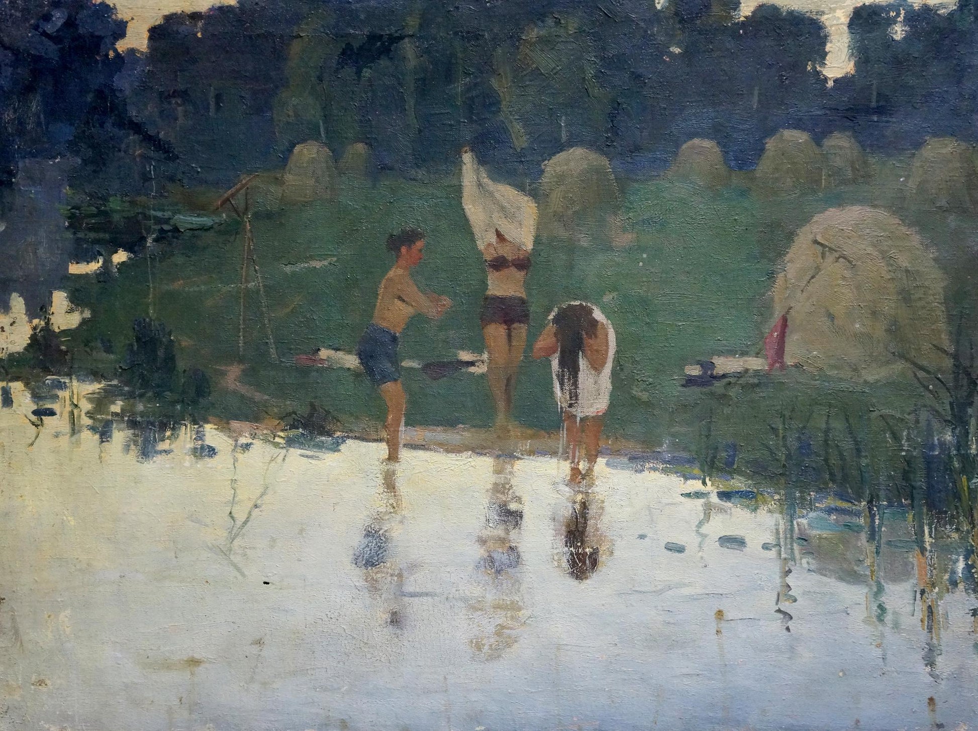 Impressionistic oil painting by the river with figures in water, trees, hay bales