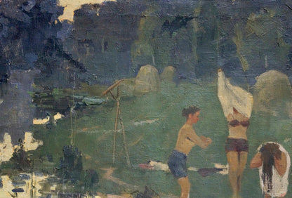 Oil painting of woman in dark red bikini by river holding white towel overhead