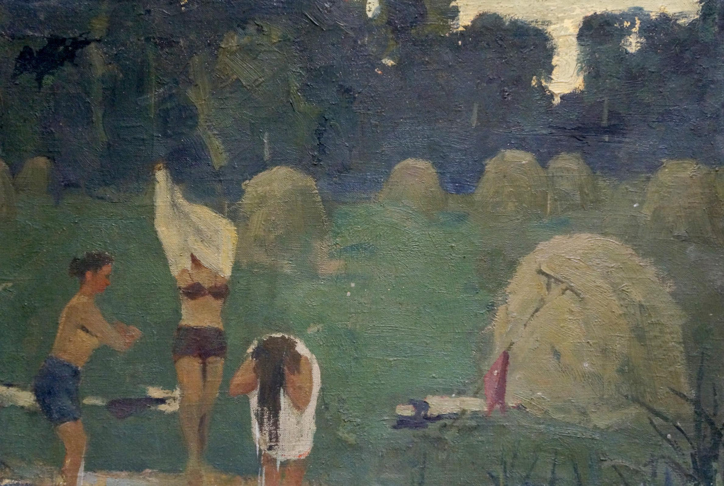 Impressionistic oil painting by the river with three figures in field and hay bales