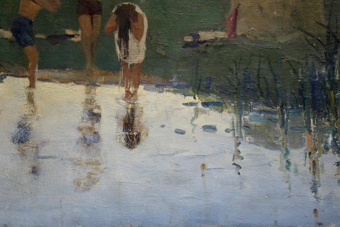 Back view oil painting of barefoot woman in white dress by river, unknown artist