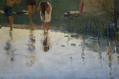 Back view oil painting of barefoot woman in white dress by river, unknown artist